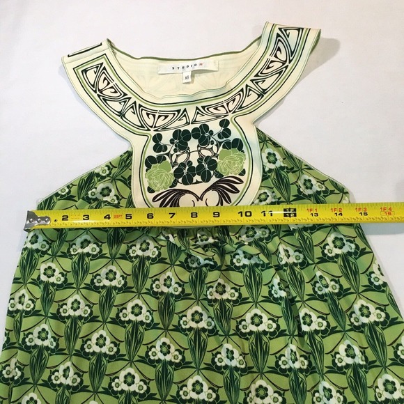 Studio M Women's Green Beige Print Sheath Dress Medallion Neck Sz X-Small Floral - Picture 9 of 12